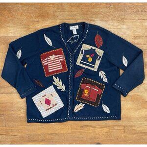 Vintage Fall Cardigan Sweater Button Front Navy Blue Ramie Cotton Leaf Size 2X